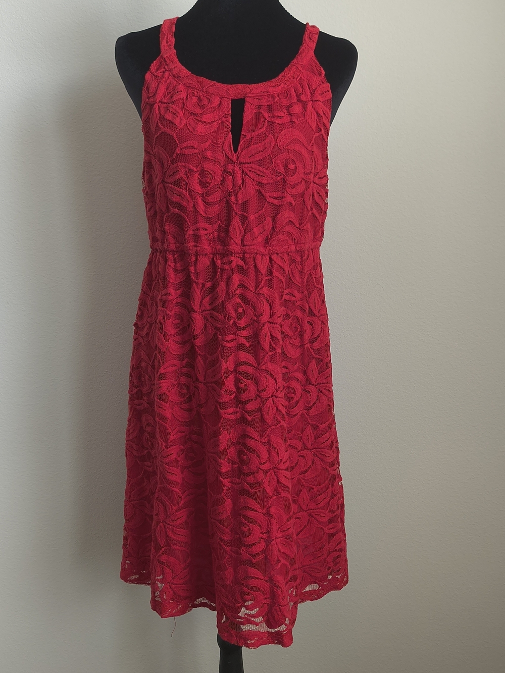 LOFT Red Lace Midi Dress with Keyhole Neck Size M